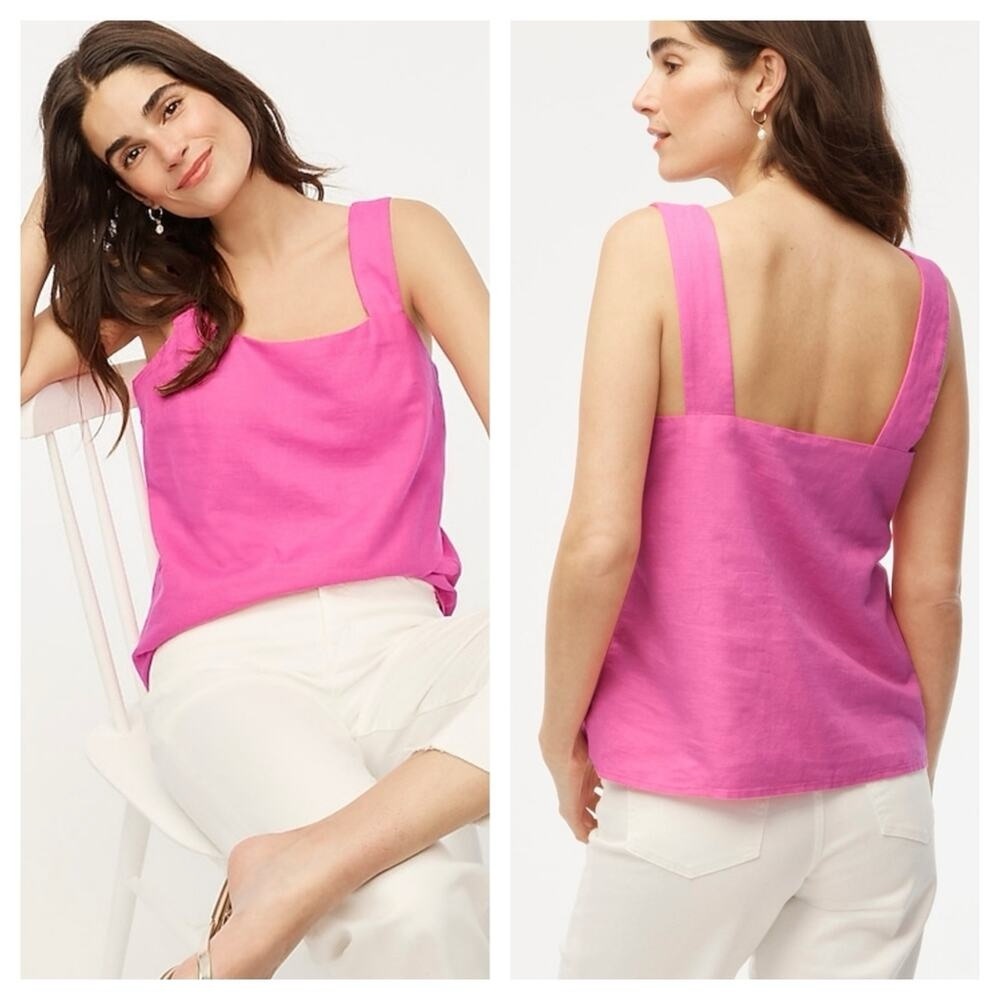 J.Crew Factory Linen Blend Square Neck Tank Top Pink Wild Azalea Size Large